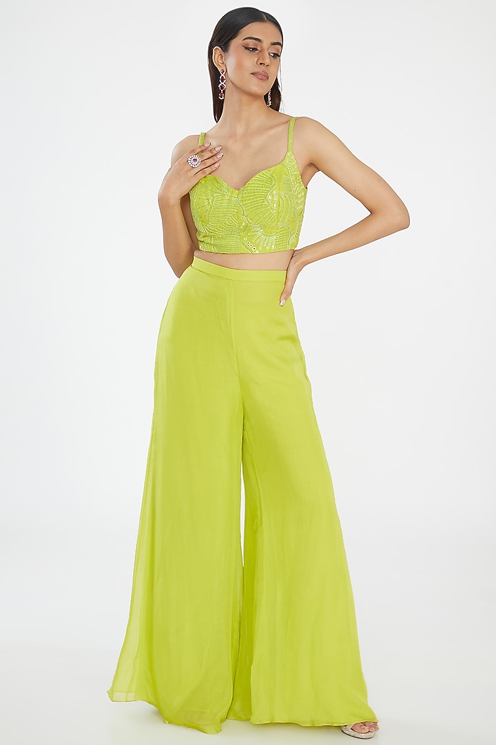 Green Organza Hand Embroidered Jacket Set by Mishru at Pernia's Pop Up Shop