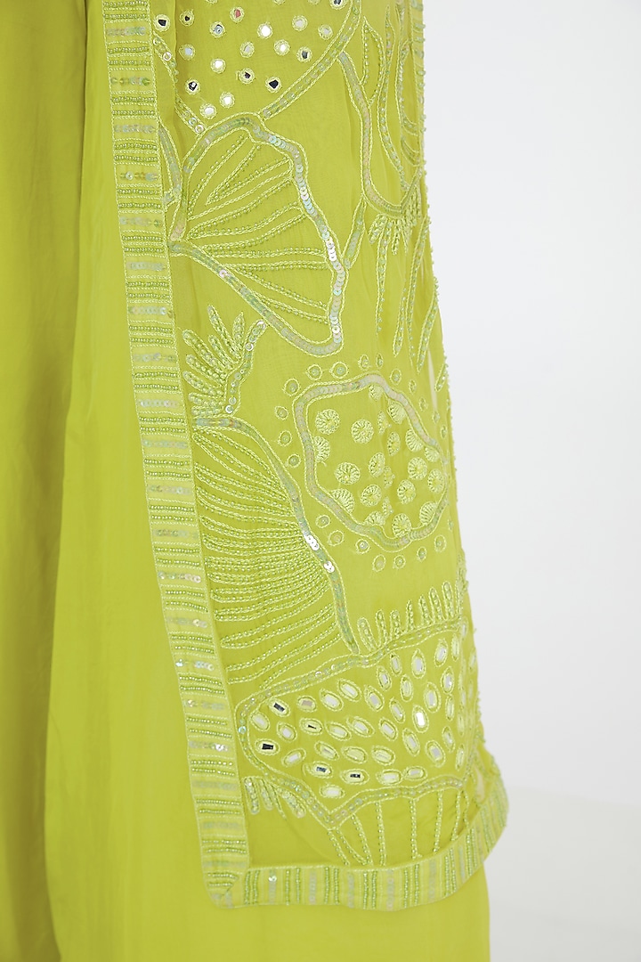 Green Organza Hand Embroidered Jacket Set by Mishru at Pernia's Pop Up Shop