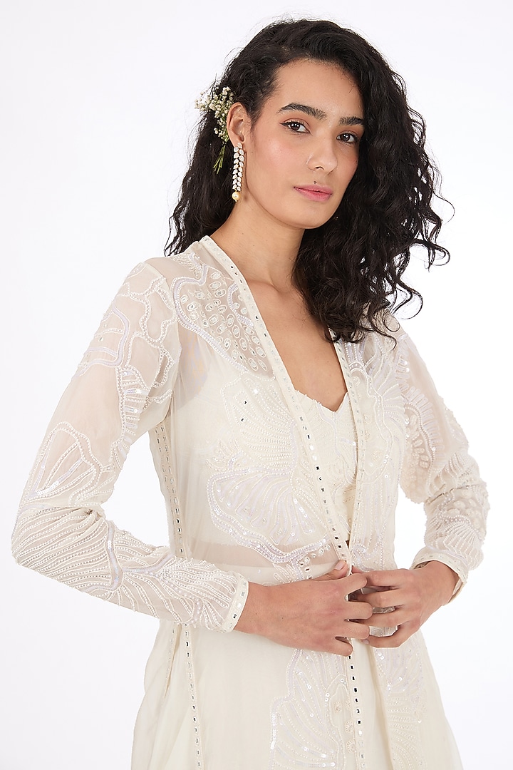 Ivory Organza Hand Embroidered Jacket Set by Mishru at Pernia's Pop Up Shop