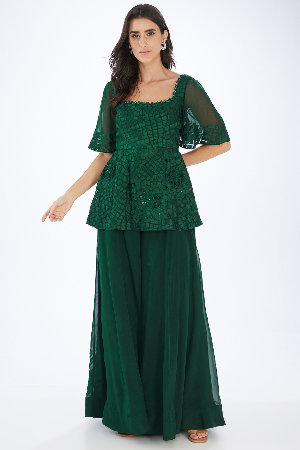 Green Organza Kalidar Pant Set by Mishru at Pernia's Pop Up Shop