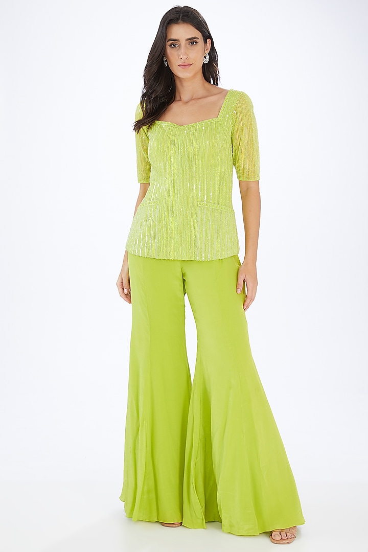 Green Tulle & Organza Pant Set by Mishru