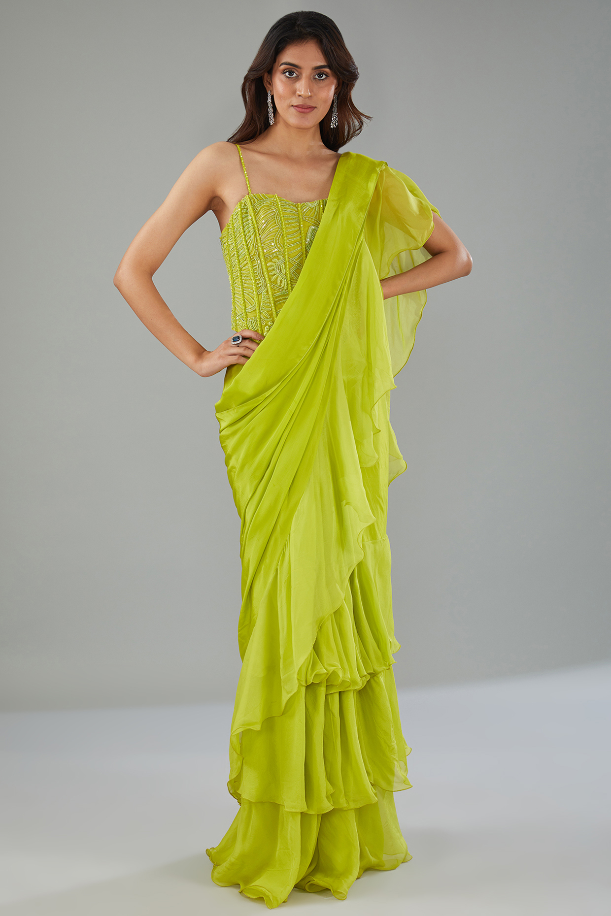 Green Organza & Chiffon Pre-Draped Ruffle Reception Saree Set by Mishru at Pernia's Pop Up Shop