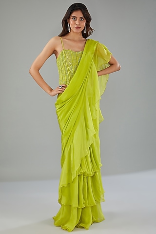 Green Organza & Chiffon Pre-Draped Ruffle Saree Set by Mishru