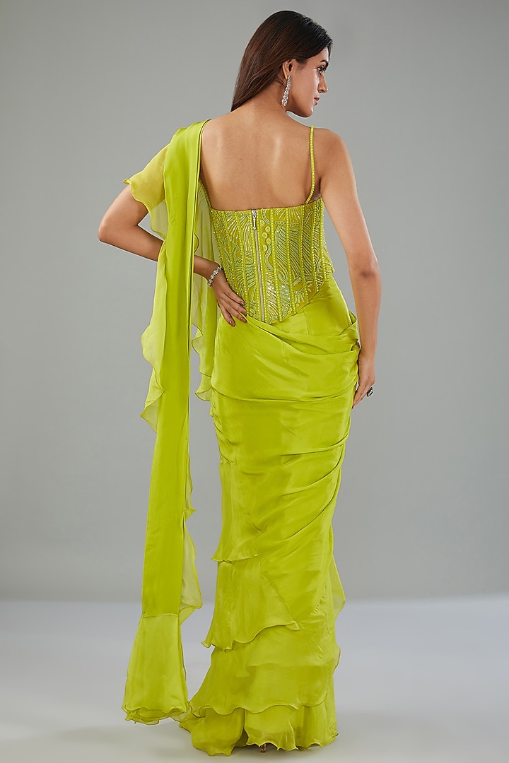 Green Organza & Chiffon Pre-Draped Ruffle Reception Saree Set by Mishru at Pernia's Pop Up Shop