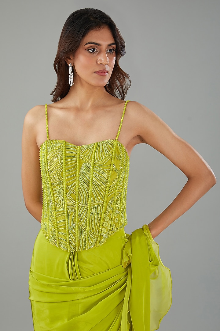 Green Organza & Chiffon Pre-Draped Ruffle Reception Saree Set by Mishru at Pernia's Pop Up Shop