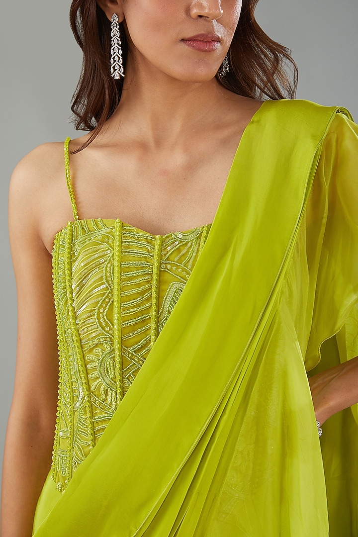 Green Organza & Chiffon Pre-Draped Ruffle Reception Saree Set by Mishru at Pernia's Pop Up Shop