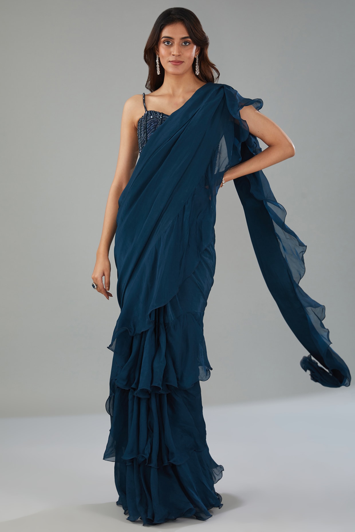 Blue Embroidered Blouse With Printed Ruffle Saree for women by Mandira Wirk