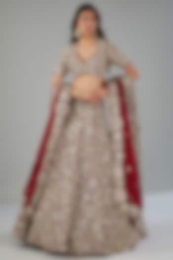 Red Organza Metallic Hand Embroidered Bridal Lehenga Set by Mishru at Pernia's Pop Up Shop