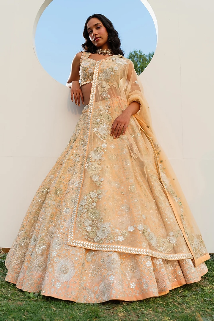 Peach Organza Hand Embroidered Bridal Lehenga Set by Mishru at Pernia's Pop Up Shop
