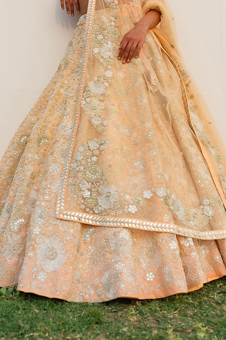 Peach Organza Hand Embroidered Bridal Lehenga Set by Mishru at Pernia's Pop Up Shop