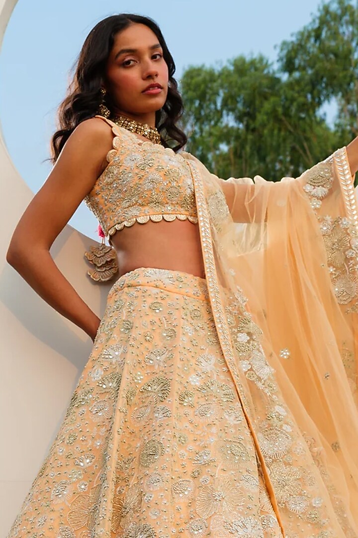 Peach Organza Hand Embroidered Bridal Lehenga Set by Mishru at Pernia's Pop Up Shop