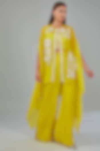 Yellow Organza Floral Embroidered Cape Set by Mishru