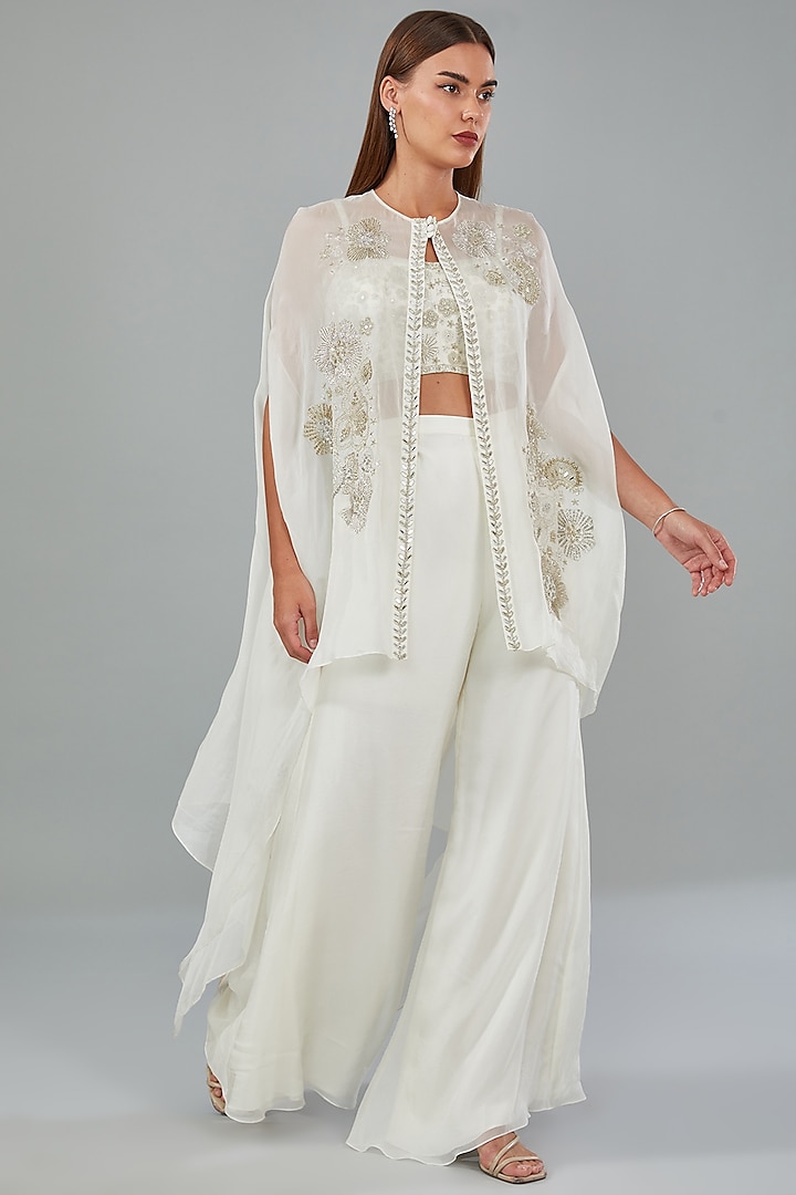 Ivory Organza Floral Embroidered Cape Set by Mishru