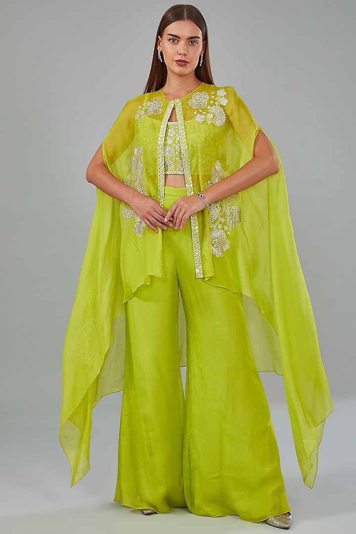 Green Organza Floral Embroidered Cape Set by Mishru at Pernia's Pop Up Shop