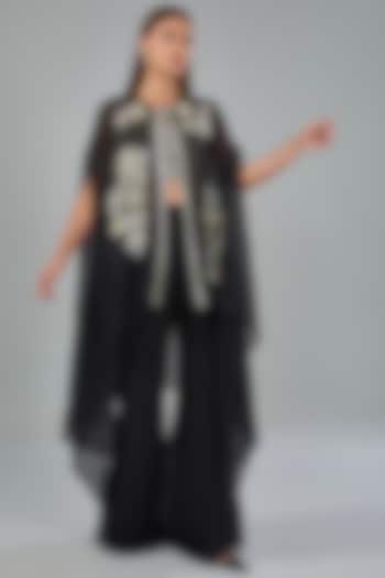 Black Organza Floral Embroidered Cape Set by Mishru at Pernia's Pop Up Shop