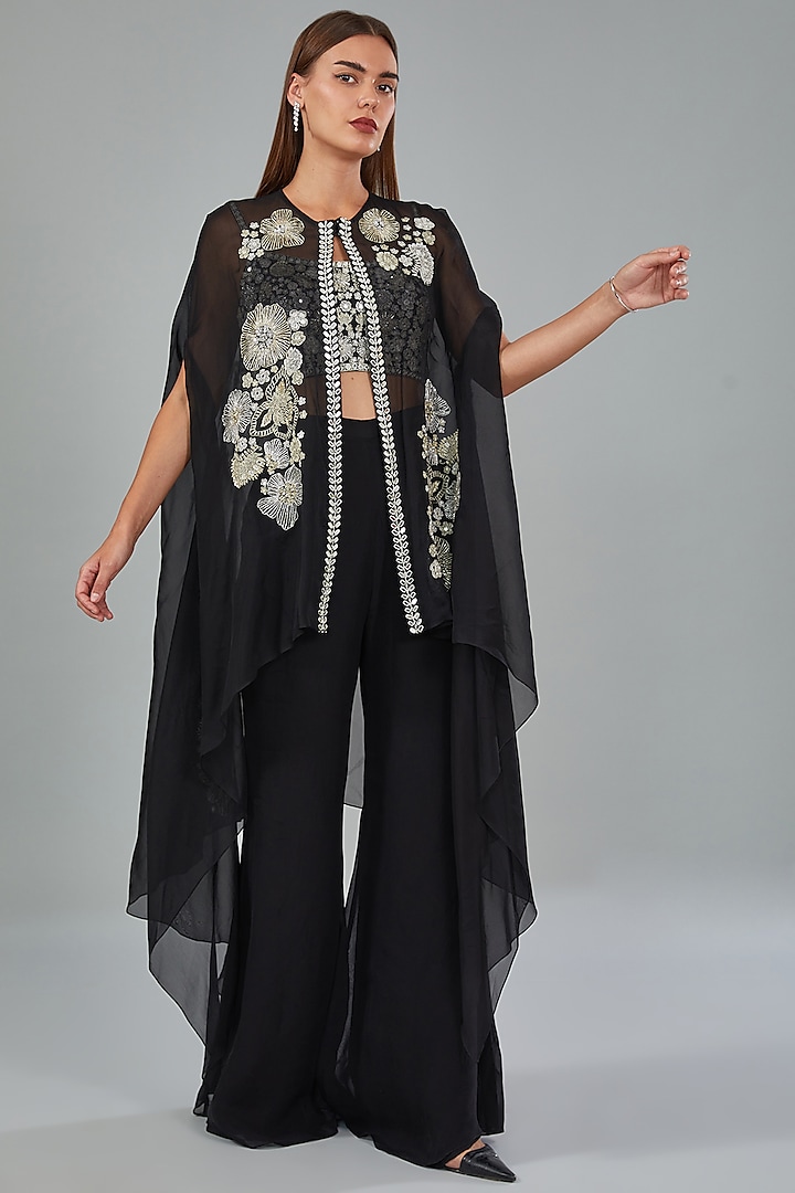 Black Organza Floral Embroidered Cape Set by Mishru at Pernia's Pop Up Shop