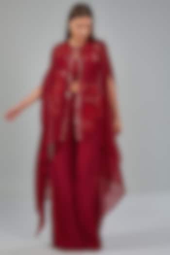 Red Organza Floral Embroidered Cape Set by Mishru at Pernia's Pop Up Shop