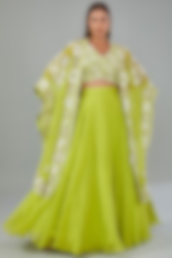 Green Organza Floral Hand Embroidered Cape Set by Mishru at Pernia's Pop Up Shop