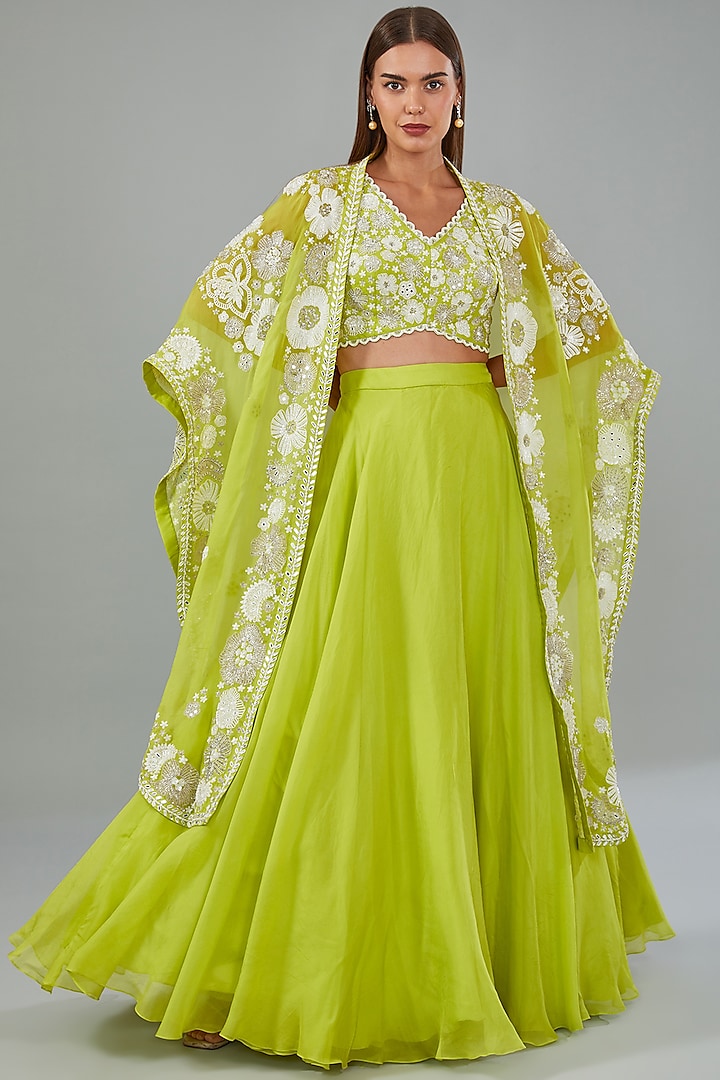 Green Organza Floral Hand Embroidered Cape Set by Mishru at Pernia's Pop Up Shop