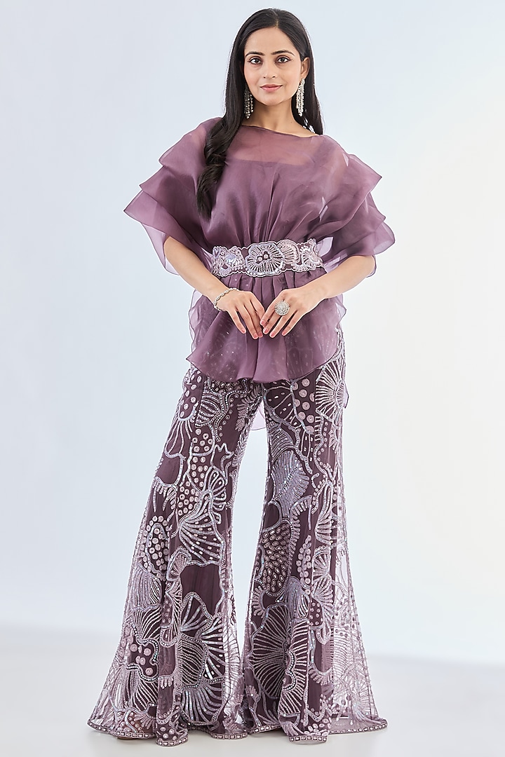 Purple Organza & Tulle Hand Embroidered Pant Set by Mishru at Pernia's Pop Up Shop