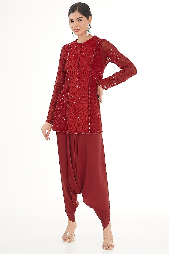 Red Georgette & Satin Embroidered Jacket Set by Mishru