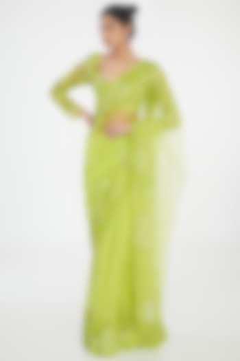 Green Tulle Hand Embroidered Reception Saree Set by Mishru at Pernia's Pop Up Shop