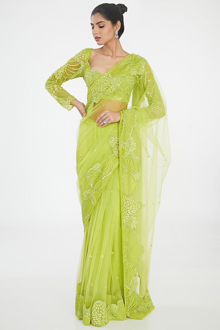 Green Tulle Hand Embroidered Reception Saree Set by Mishru at Pernia's Pop Up Shop
