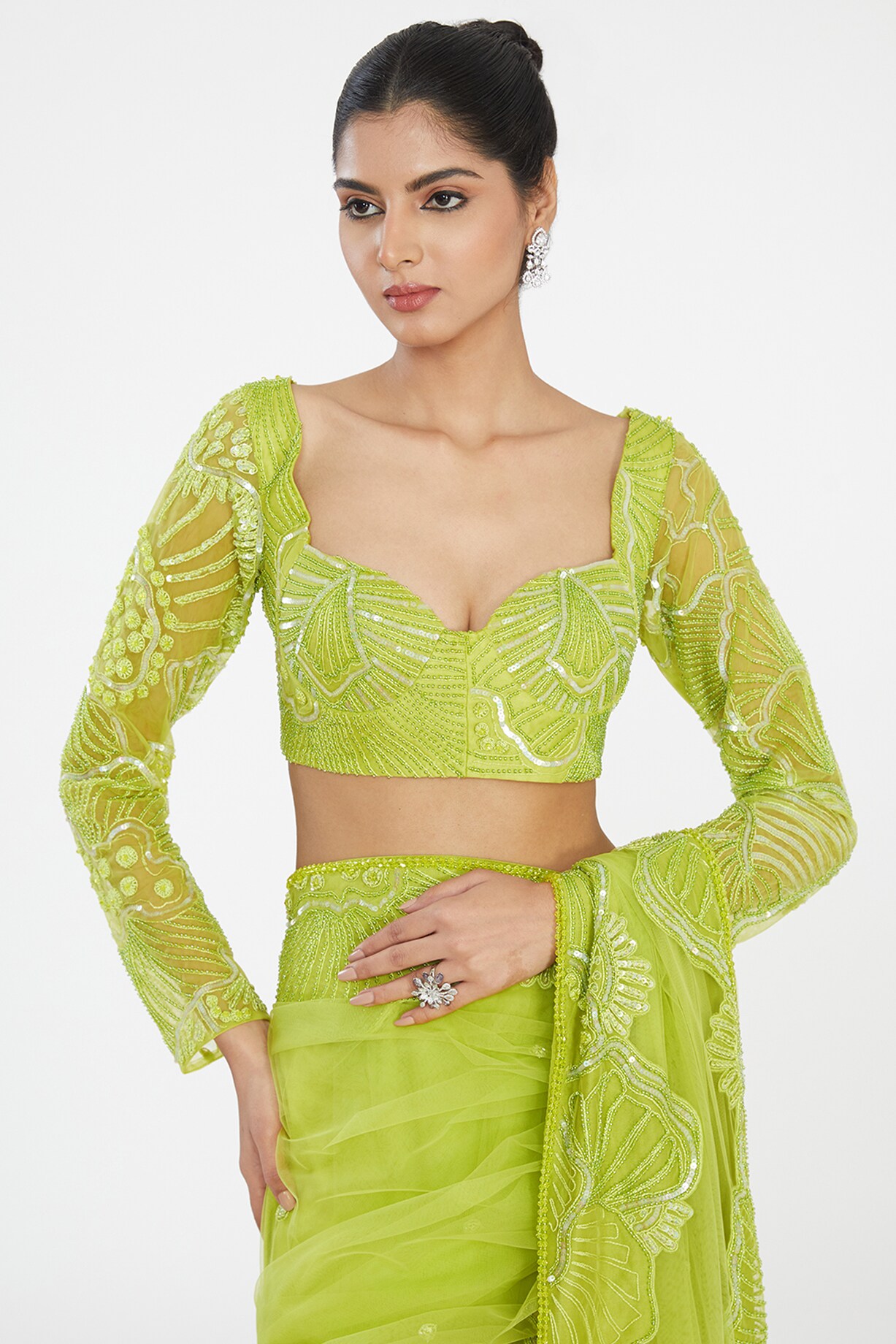 Green Tulle Hand Embroidered Saree Set by Mishru at Pernia's Pop Up Shop  2026
