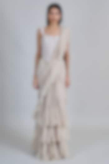 Champagne & Ivory Organza Ruffled Reception Saree Set by Mishru at Pernia's Pop Up Shop