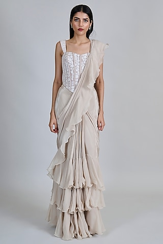 Champagne & Ivory Organza Ruffled Saree Set by Mishru