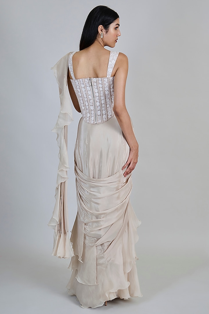 Champagne & Ivory Organza Ruffled Reception Saree Set by Mishru at Pernia's Pop Up Shop