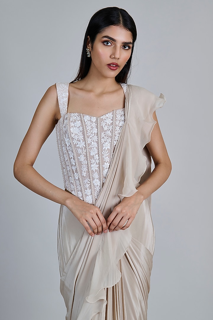 Champagne & Ivory Organza Ruffled Reception Saree Set by Mishru at Pernia's Pop Up Shop