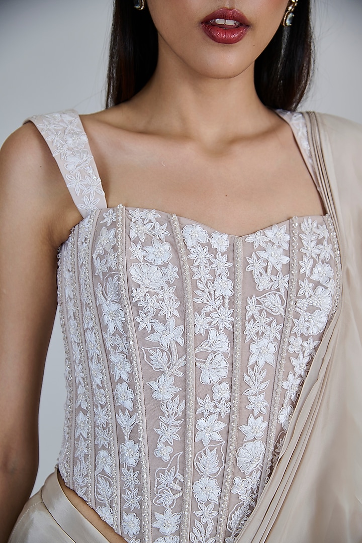 Champagne & Ivory Organza Ruffled Reception Saree Set by Mishru at Pernia's Pop Up Shop