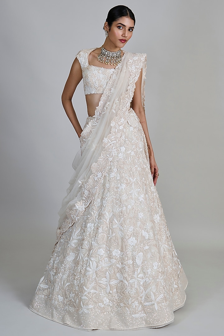 Ivory Organza Sequins Floral Bridal Lehenga Set by Mishru at Pernia's Pop Up Shop