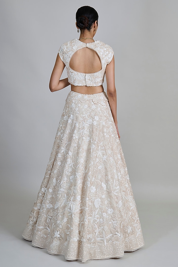 Ivory Organza Sequins Floral Bridal Lehenga Set by Mishru at Pernia's Pop Up Shop
