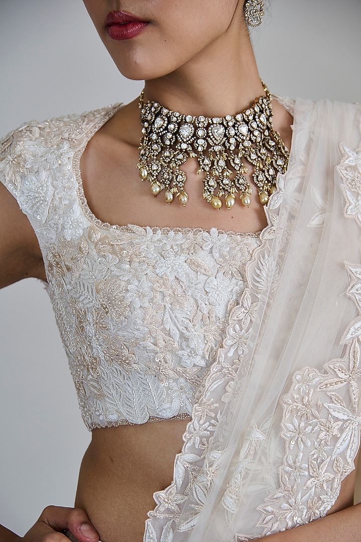 Ivory Organza Sequins Floral Bridal Lehenga Set by Mishru at Pernia's Pop Up Shop