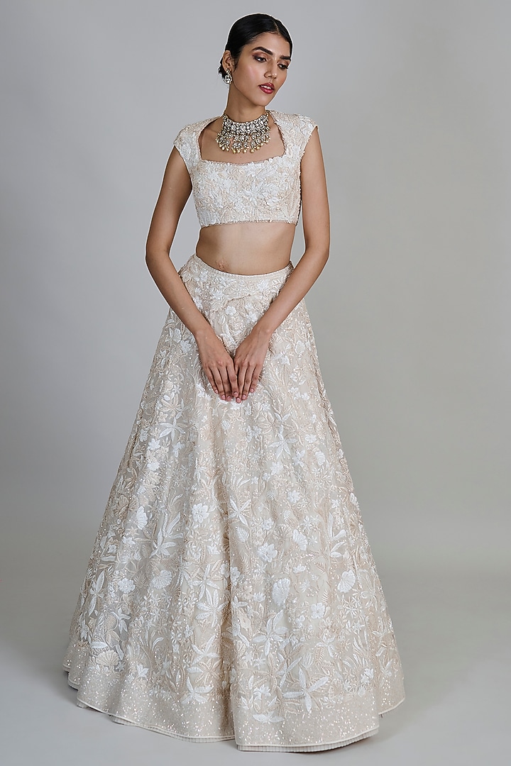 Ivory Organza Sequins Floral Bridal Lehenga Set by Mishru at Pernia's Pop Up Shop