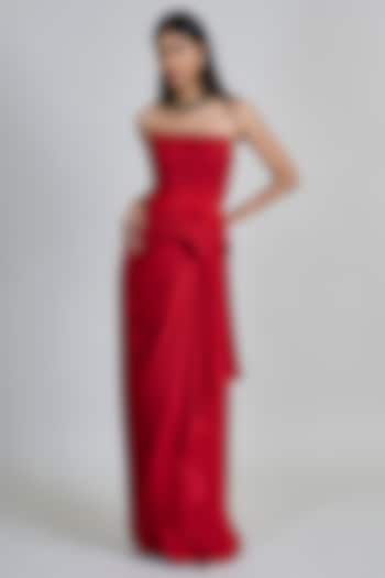 Red Satin Draped Skirt Set by Mishru at Pernia's Pop Up Shop