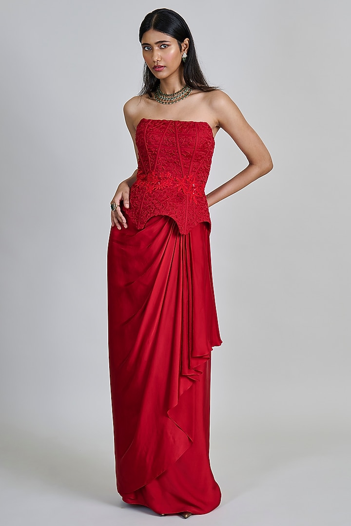 Red Satin Draped Skirt Set by Mishru at Pernia's Pop Up Shop