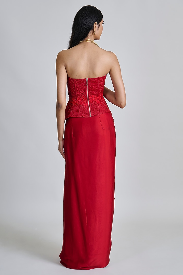 Red Satin Draped Skirt Set by Mishru at Pernia's Pop Up Shop