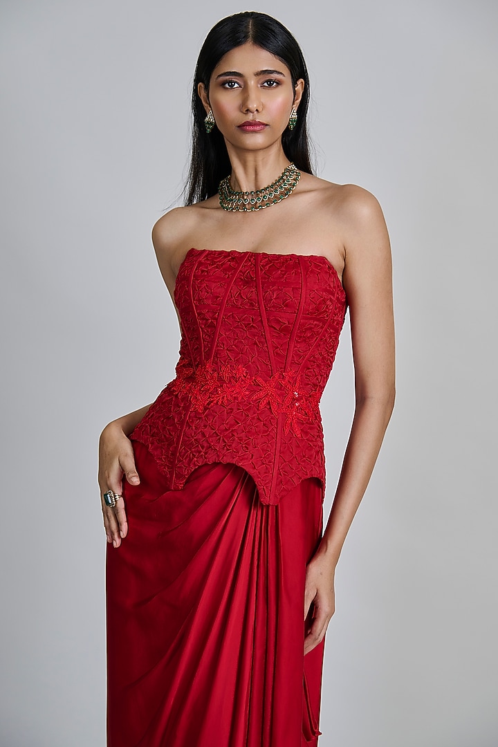 Red Satin Draped Skirt Set by Mishru at Pernia's Pop Up Shop