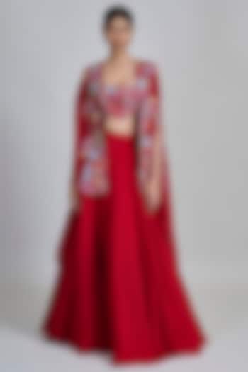 Red Organza Floral Pleated Cape Set by Mishru at Pernia's Pop Up Shop