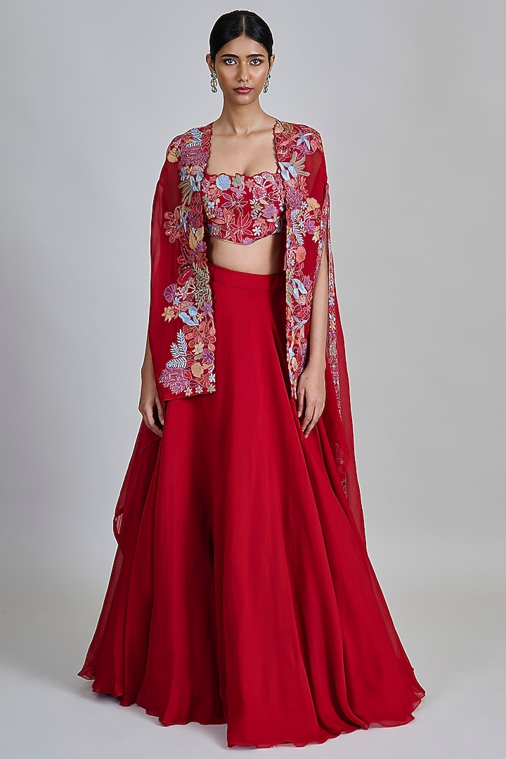 Red Organza Floral Pleated Cape Set by Mishru at Pernia's Pop Up Shop