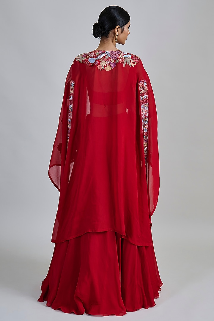 Red Organza Floral Pleated Cape Set by Mishru at Pernia's Pop Up Shop