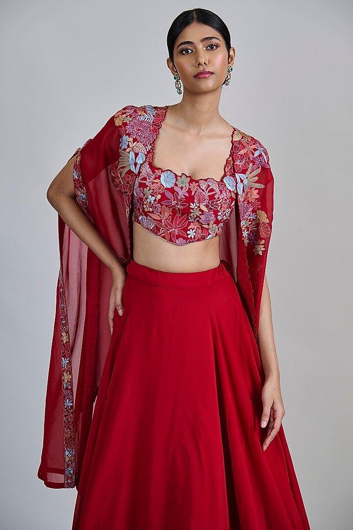 Red Organza Floral Pleated Cape Set by Mishru at Pernia's Pop Up Shop