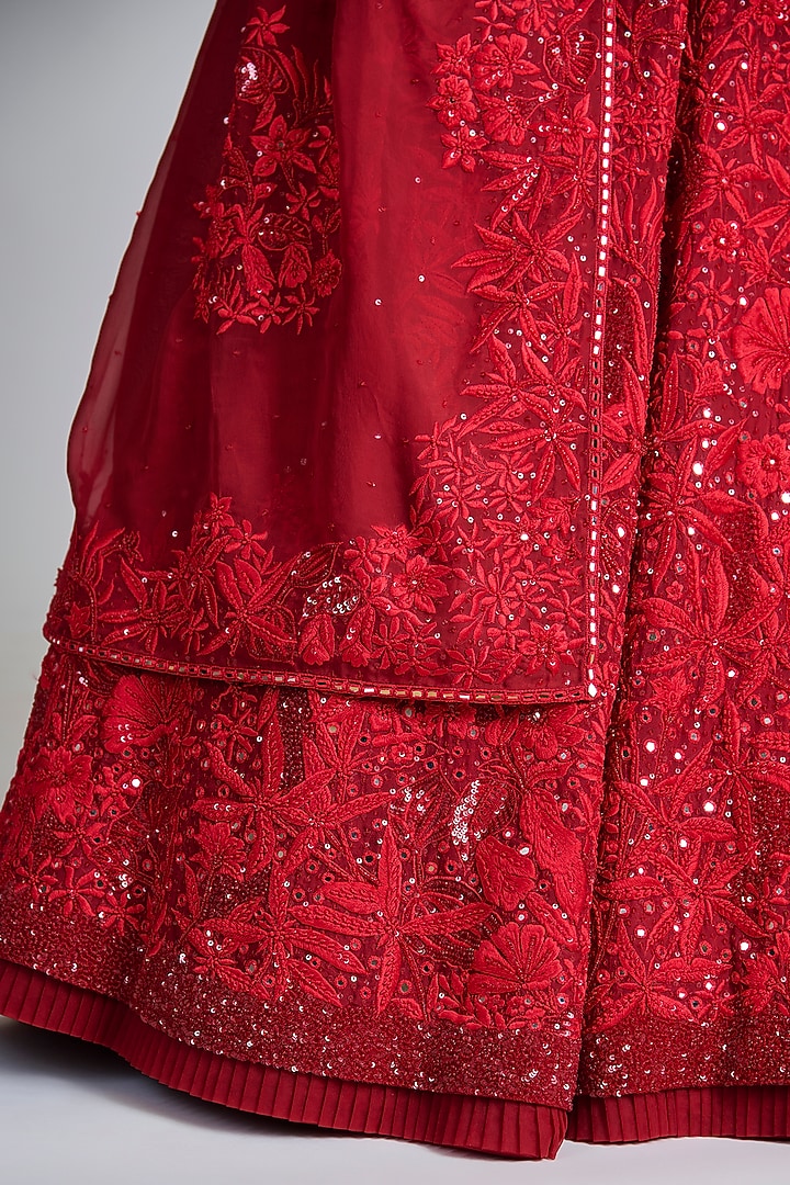 Red Organza Floral Embroidered Bridal Lehenga Set by Mishru at Pernia's Pop Up Shop