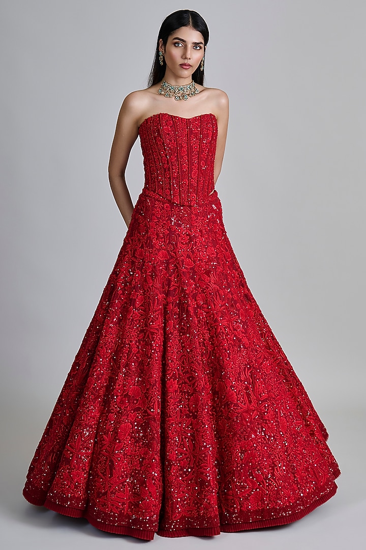 Red Organza Floral Embroidered Bridal Lehenga Set by Mishru at Pernia's Pop Up Shop