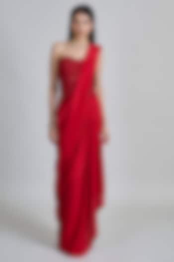 Red Silk Pre-Draped Reception Saree Set by Mishru at Pernia's Pop Up Shop