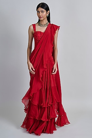 Red Organza & Crepe Pre-Draped Saree Set by Mishru