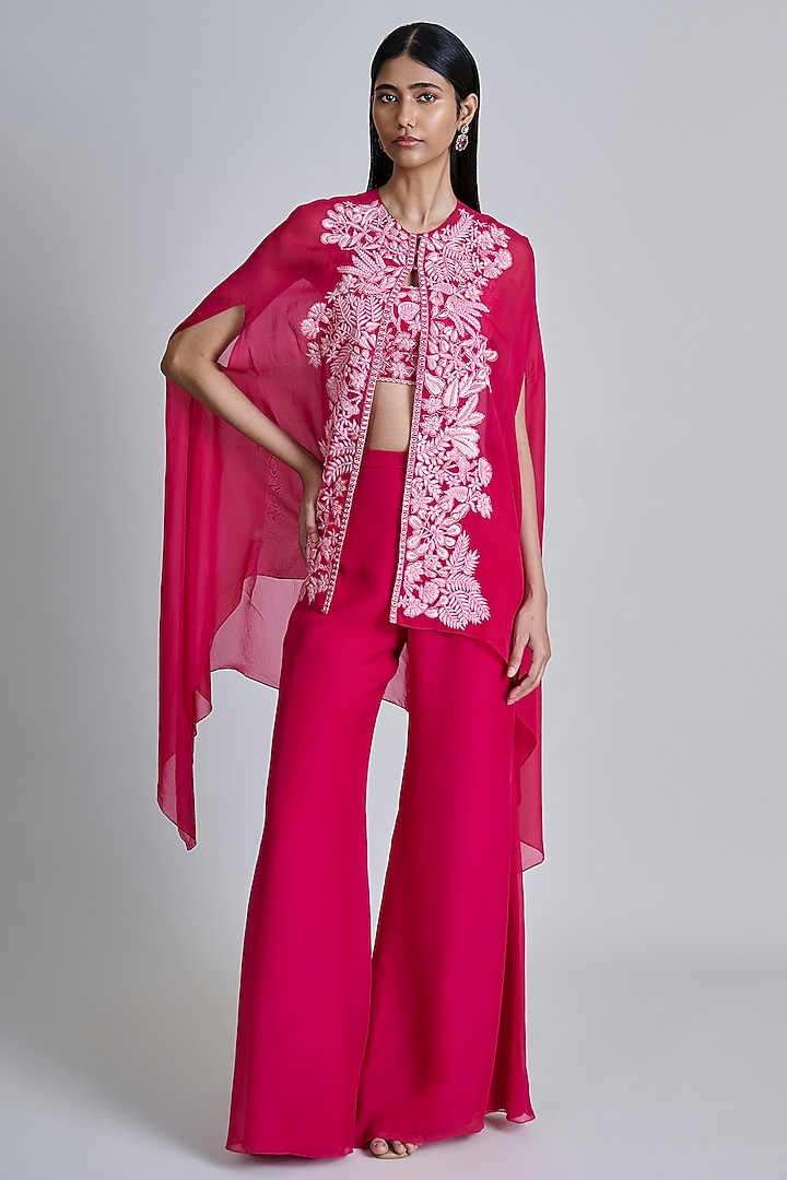 Fuchsia Pink Organza Floral Cape Set by Mishru at Pernia's Pop Up Shop